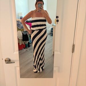 Navy blue and white strapless maxi dress